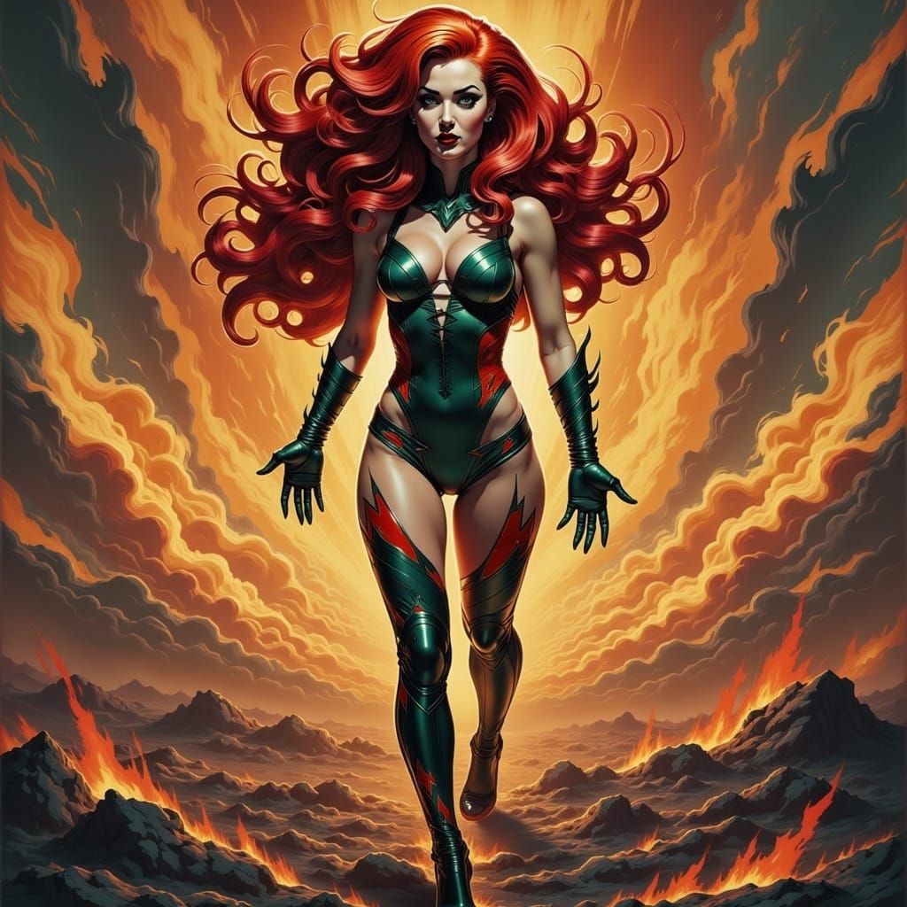 Fiery Woman Summons Inferno in a Burning Landscape