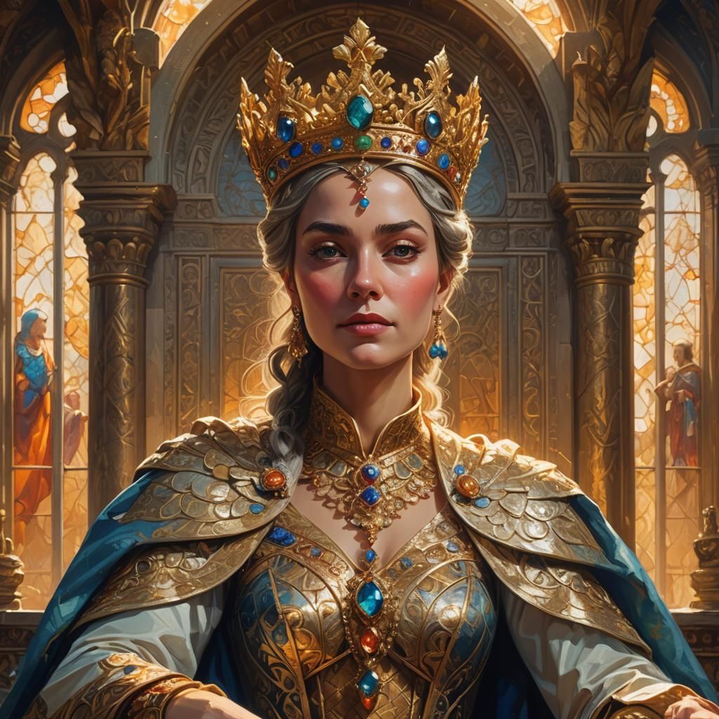 Regal Queen Portrait in Opulent Hall