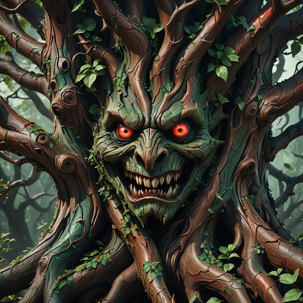 Twisted Tree with Evil Gaze in Dark Fantasy Style
