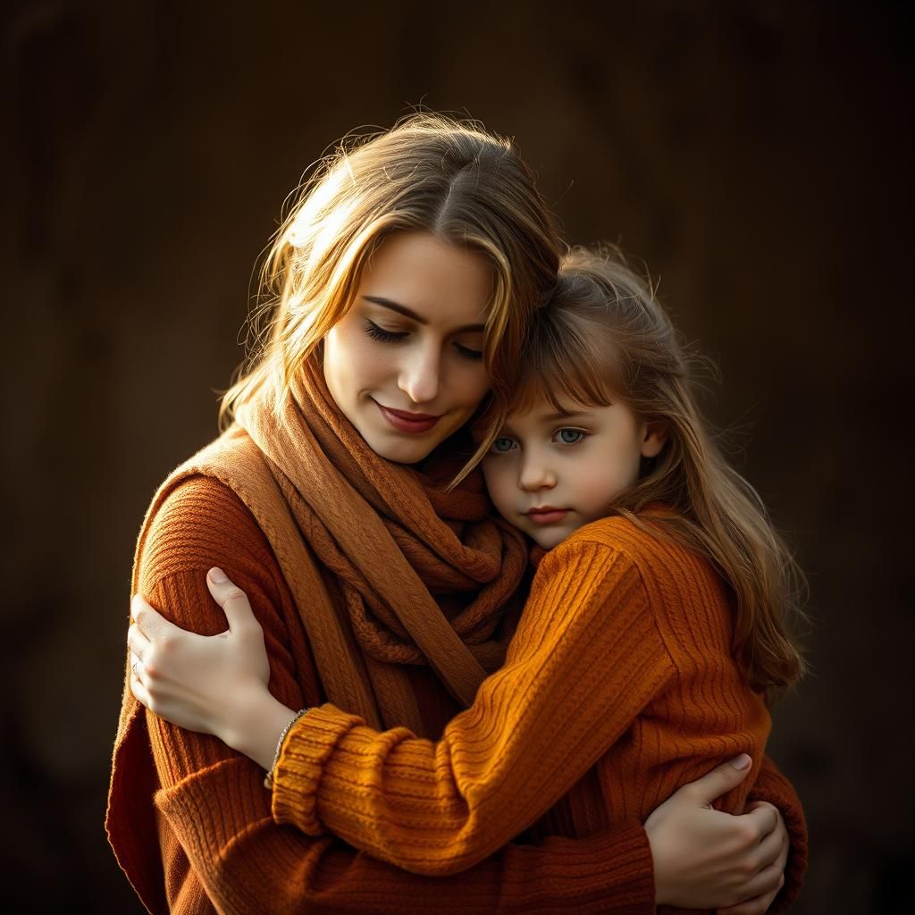 Mother and Daughter Embrace: Golden Hues and Film Grain