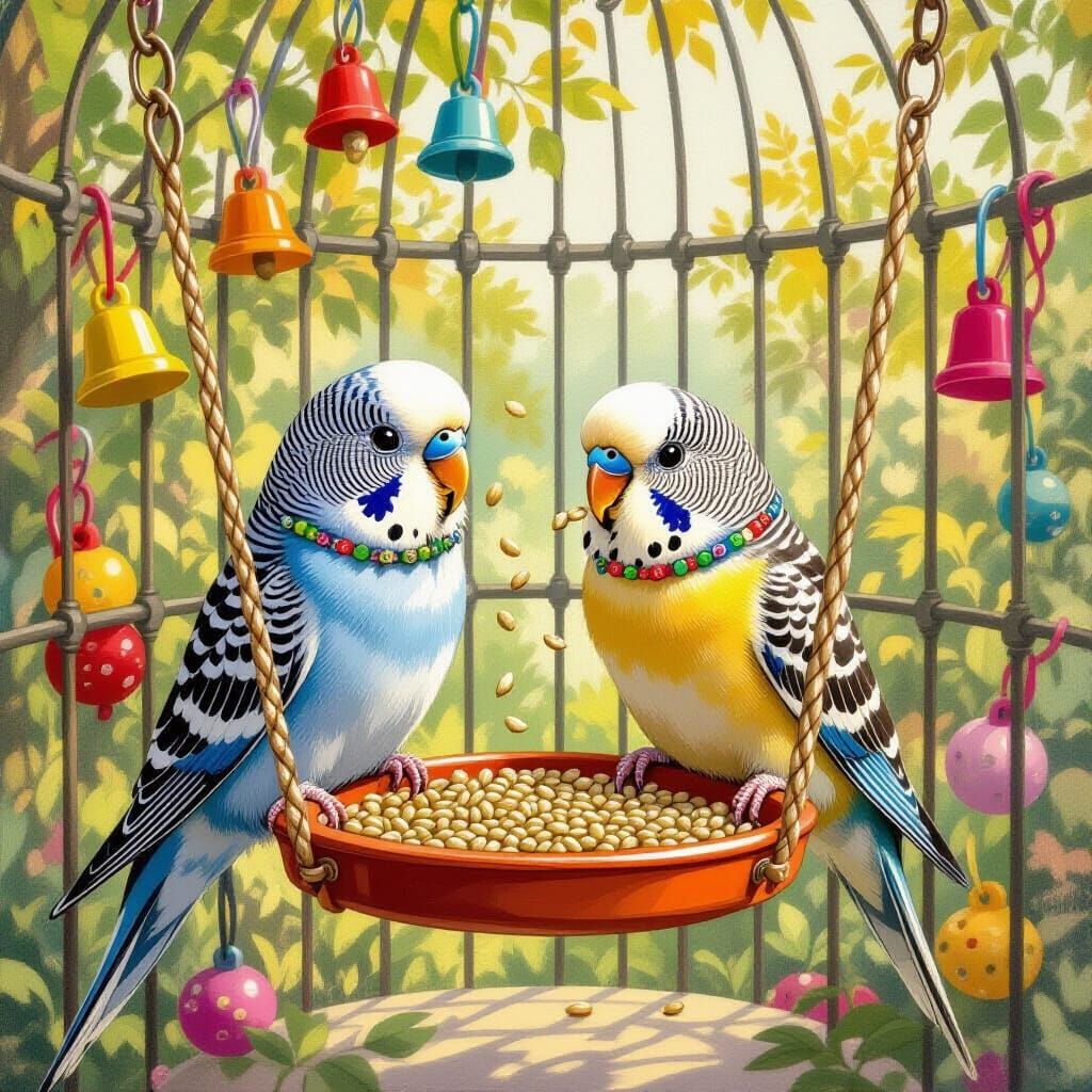 Two Budgies Enjoy Seeds in a Vibrant Cage