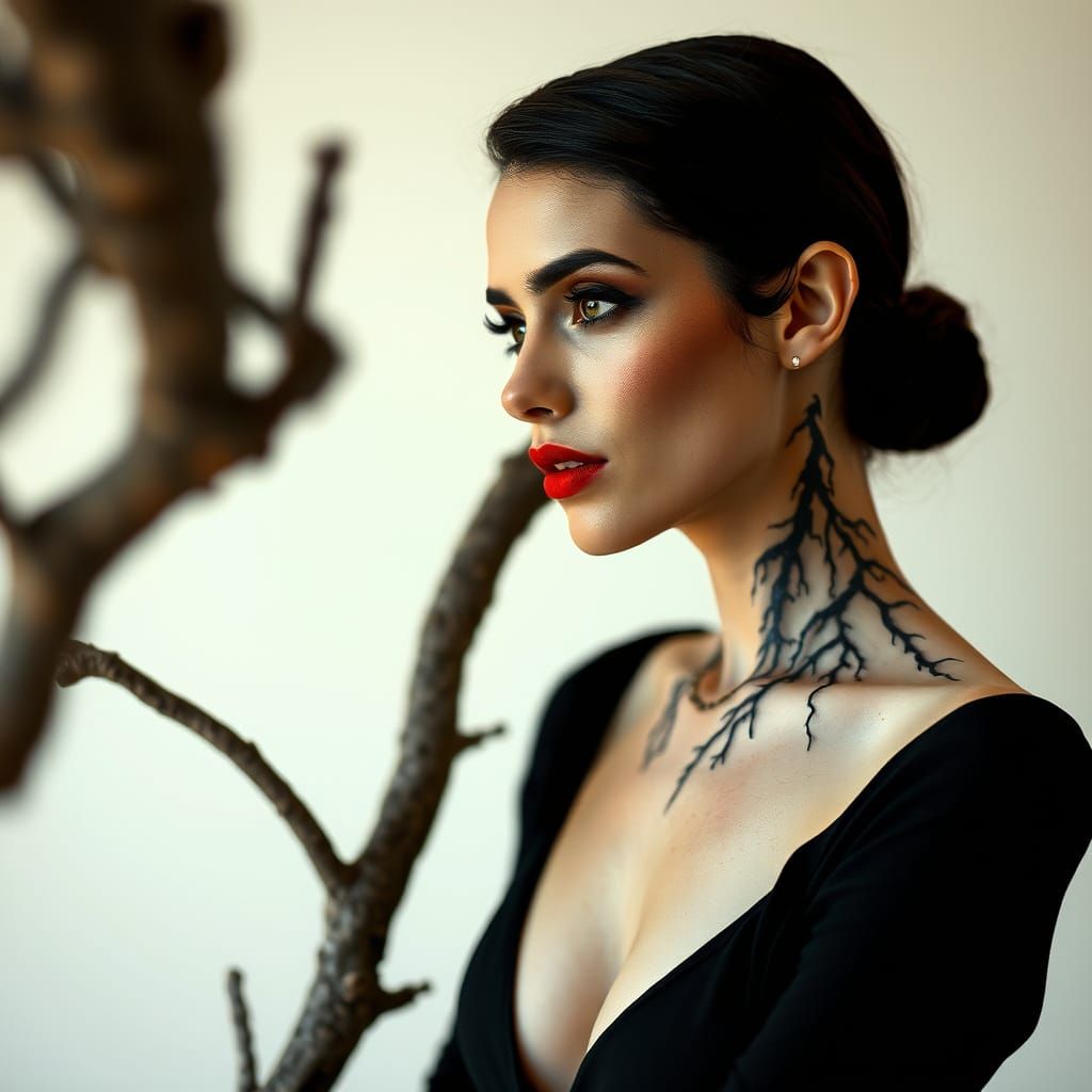 Elegant Woman with Root Tattoos in Vivid Realism Style
