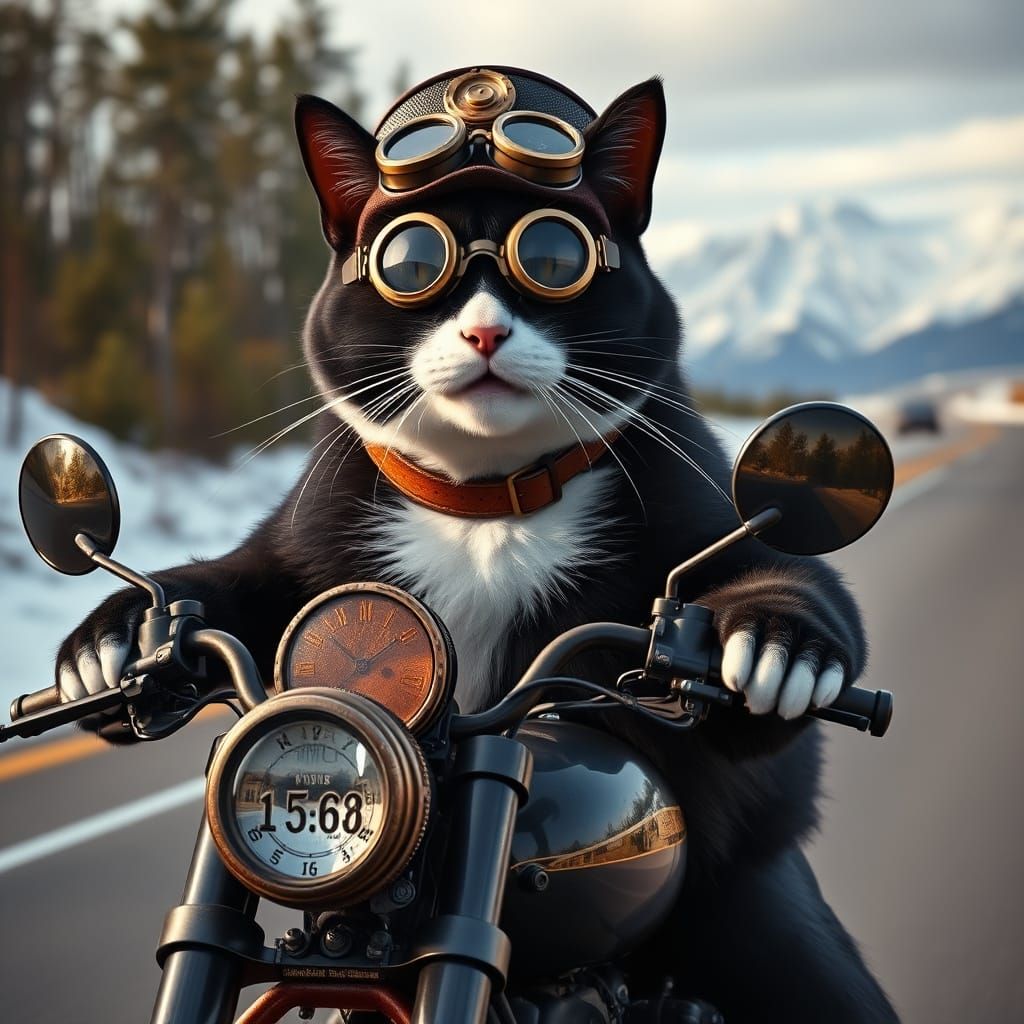 Steampunk Cat Rides Motorcycle Across Snowy Mountains