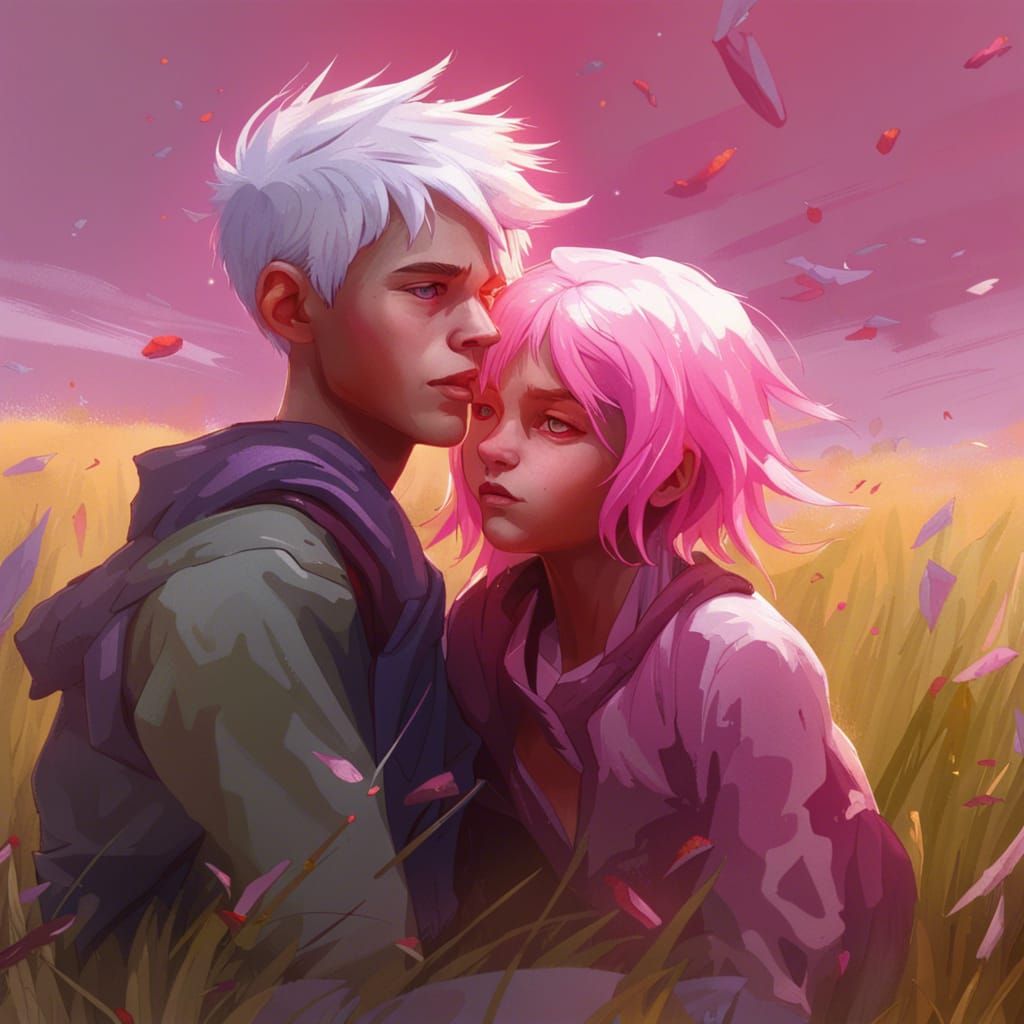 Anime Girl and Boy Playing in a Field
