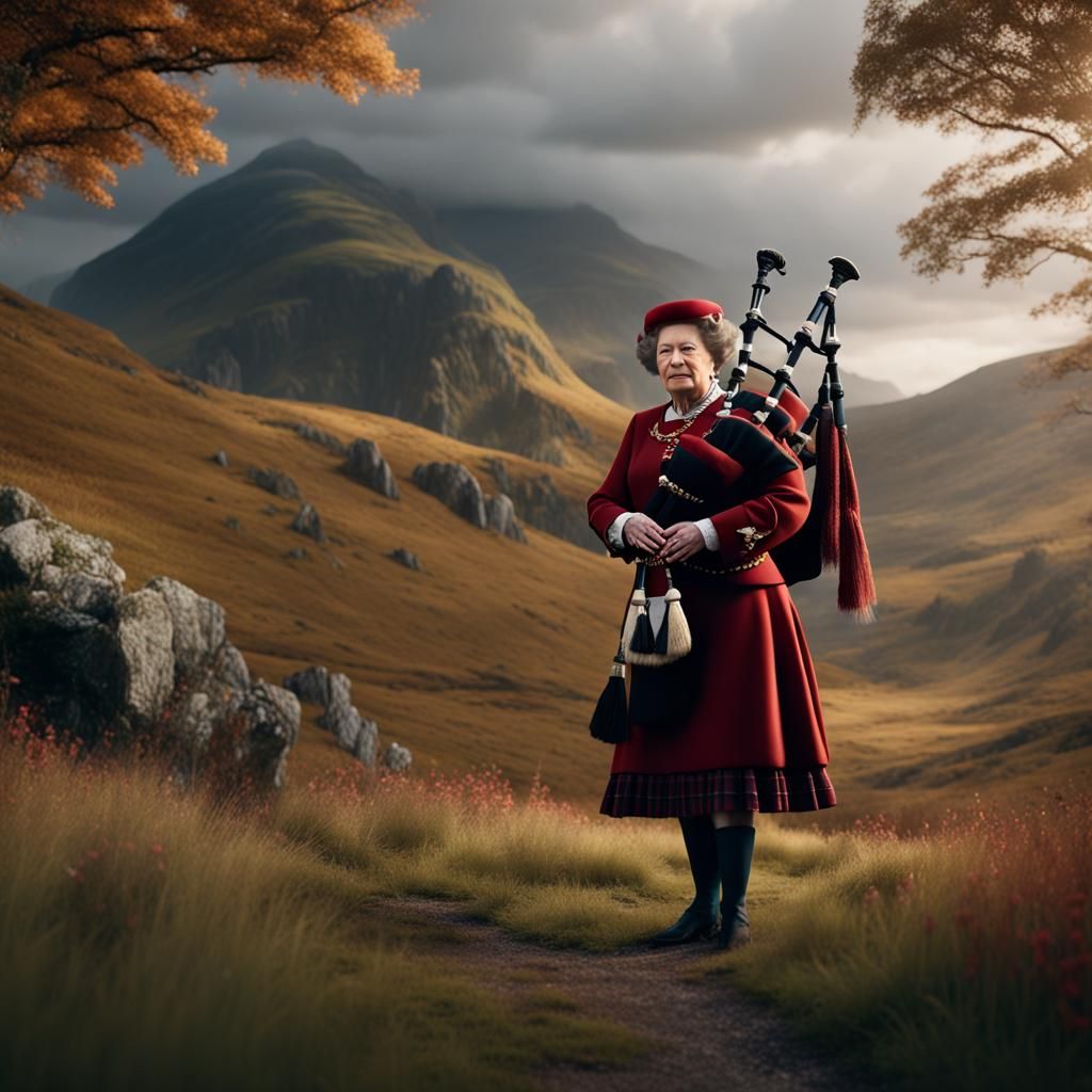 Queen Elizabeth Plays Bagpipes: Detailed Matte Painting