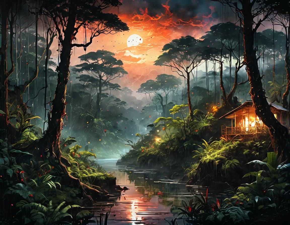 Rainforest Sunset with Blood Moon: Cinematic Landscape