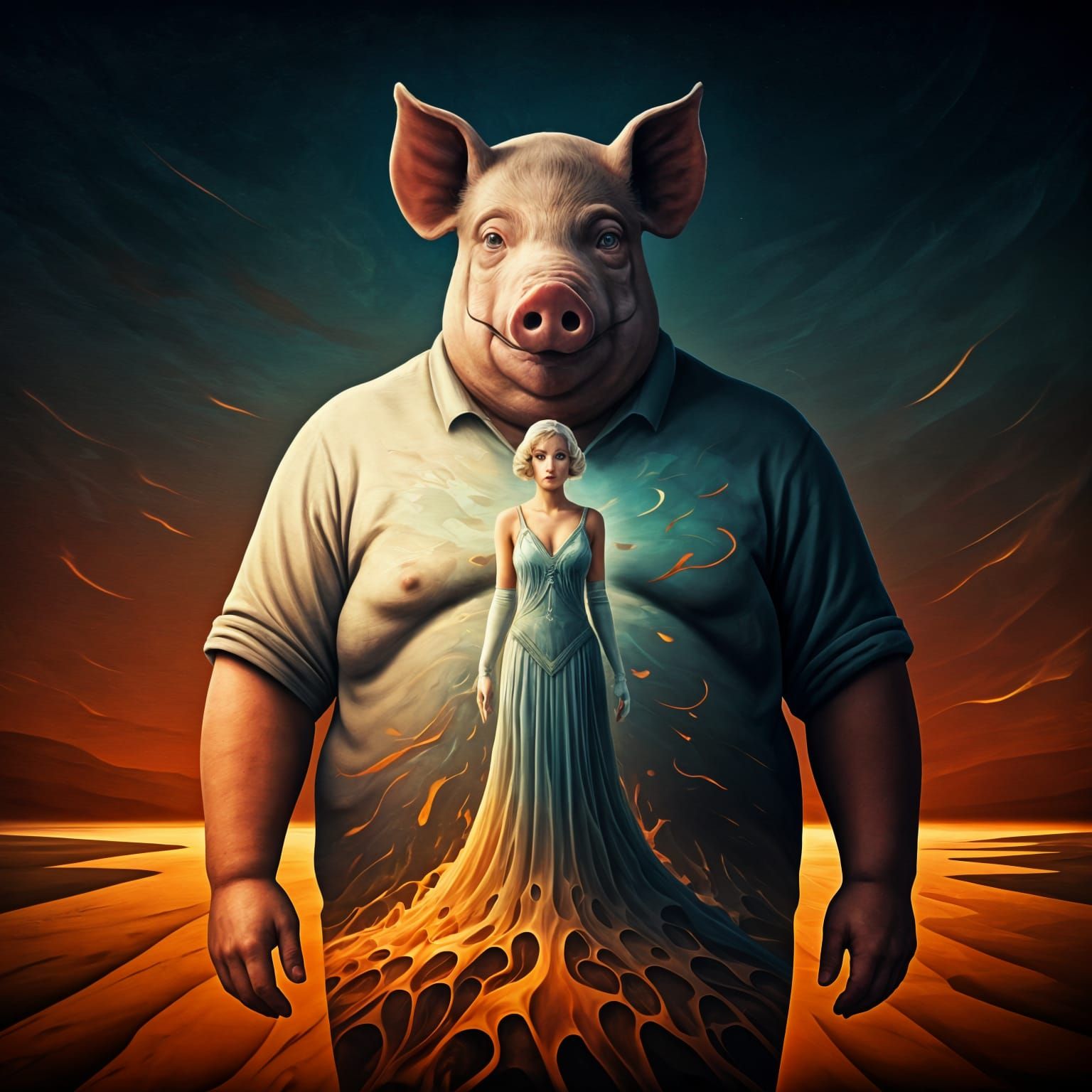 Surreal Pig Head Silhouette with Flapper Filling, Radiant Co...