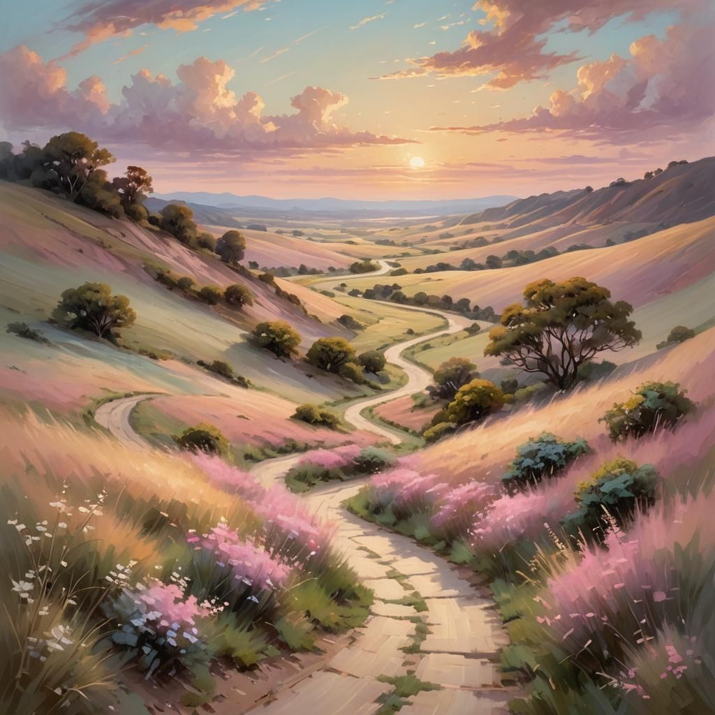 Pink Horizon Landscape in Impressionist Style