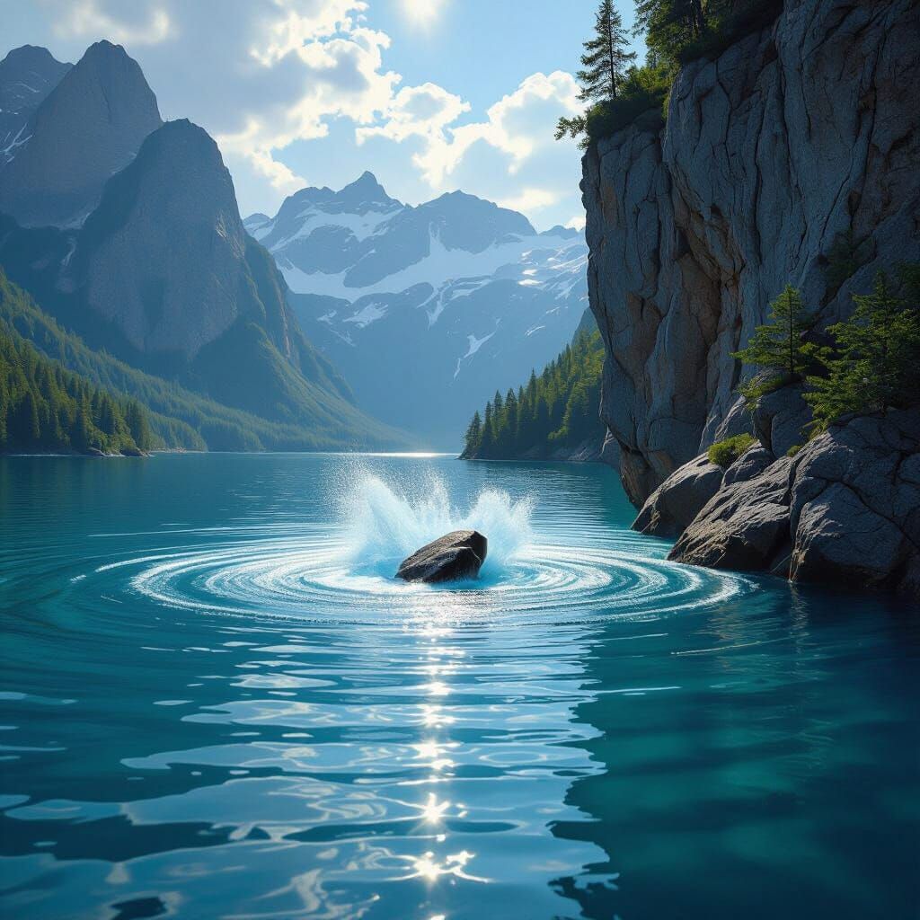 Stone Plunges Into Lake Creating Epic Wave Digital Matte Pai...