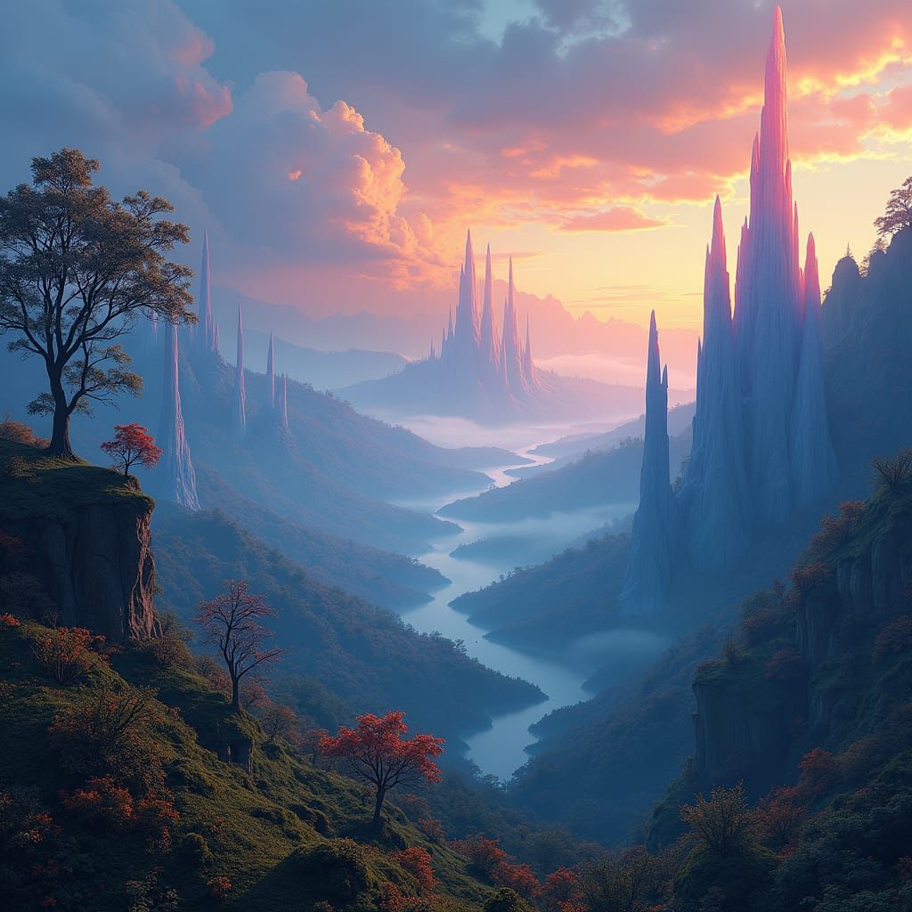 Mystical Fantasy Landscape with Crystal Spires, Matte Painti...