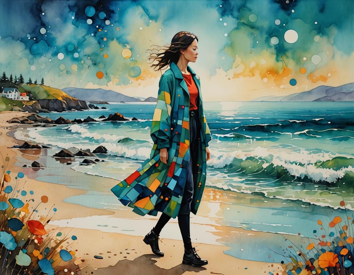 Whimsical Seashore Illustration in Cubist Style