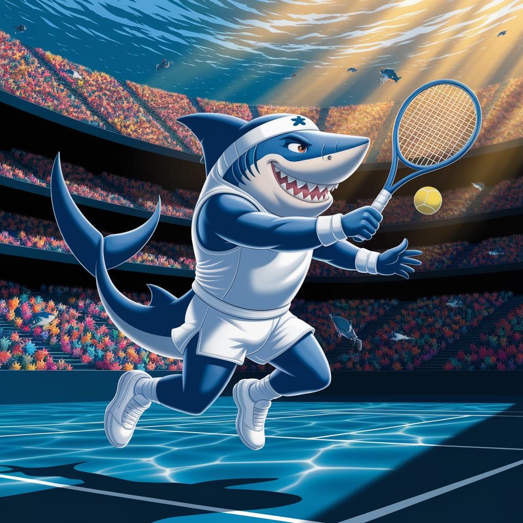 Underwater Shark Plays Tennis in Coral Stadium