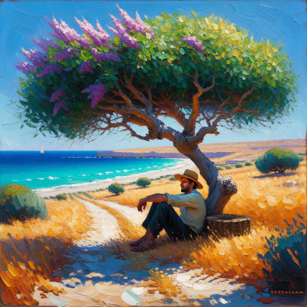 Man Resting Under Tree in Neo-Impressionistic Style