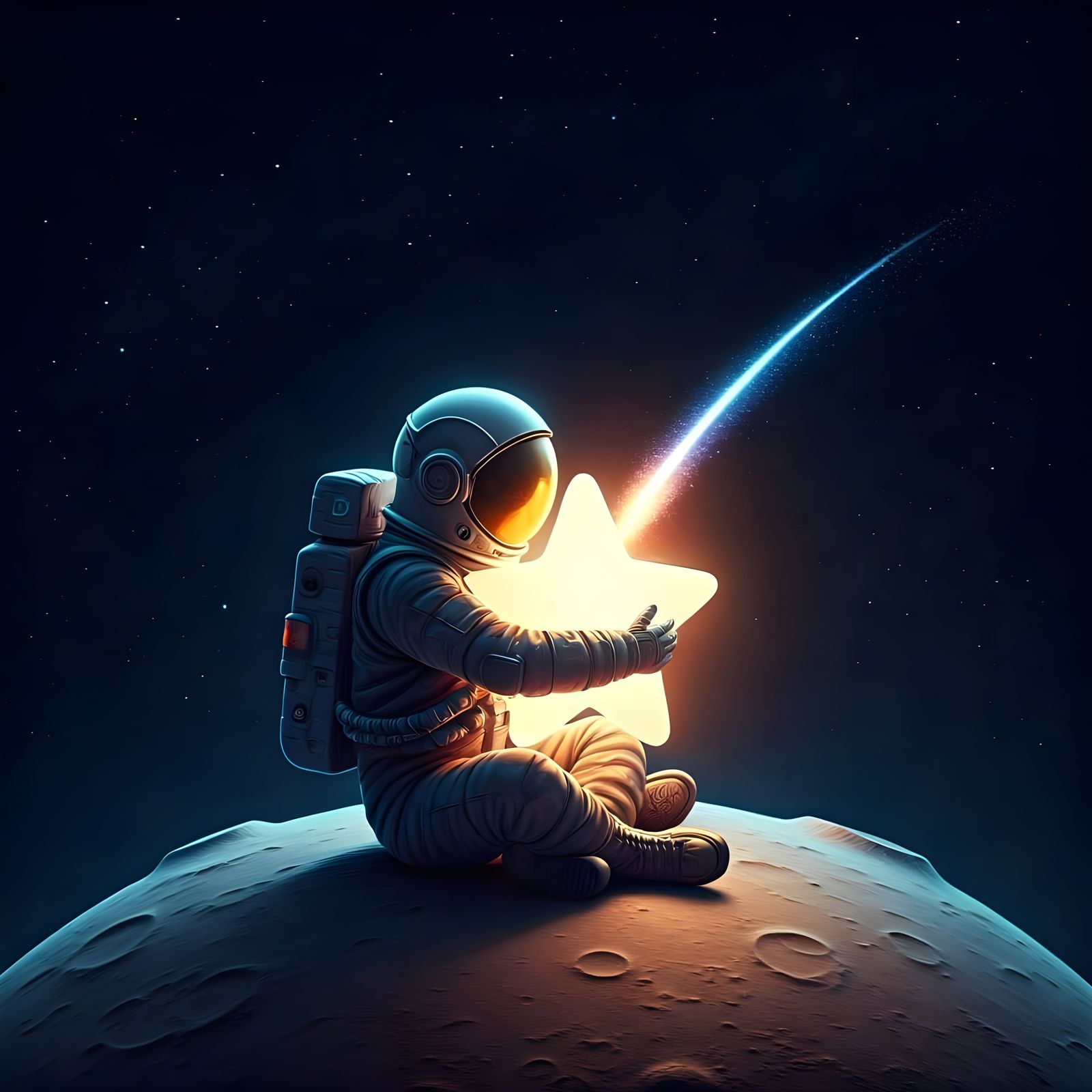 Astronaut Embracing Glowing Star in Cosmic Landscape