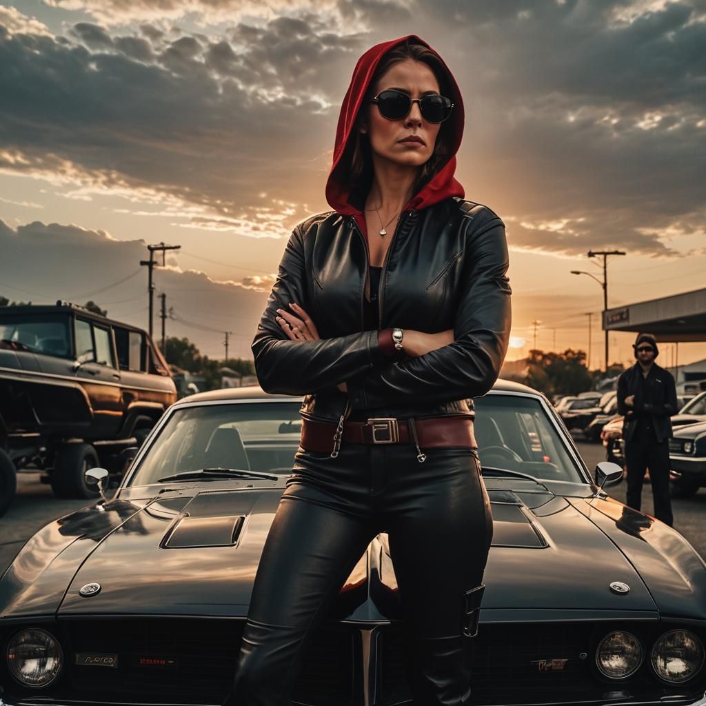 Vigilante Woman in Red and Black Leathers
