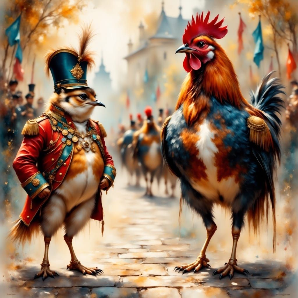 Robin and Rooster Military Parade in Hyperrealism
