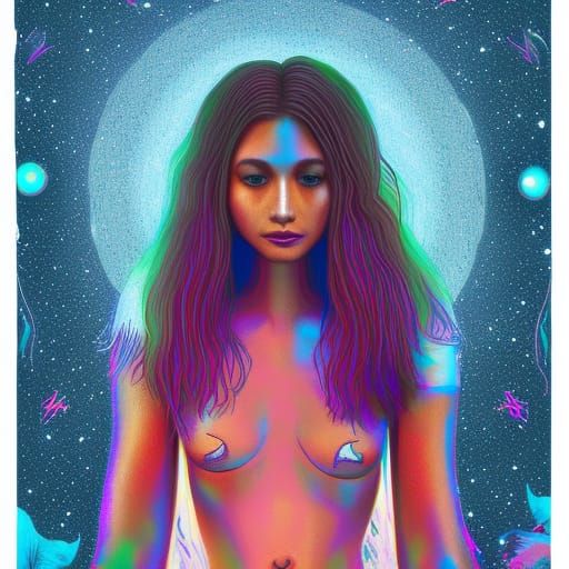 Wolf Girl in Holographic Cosmic Illustration