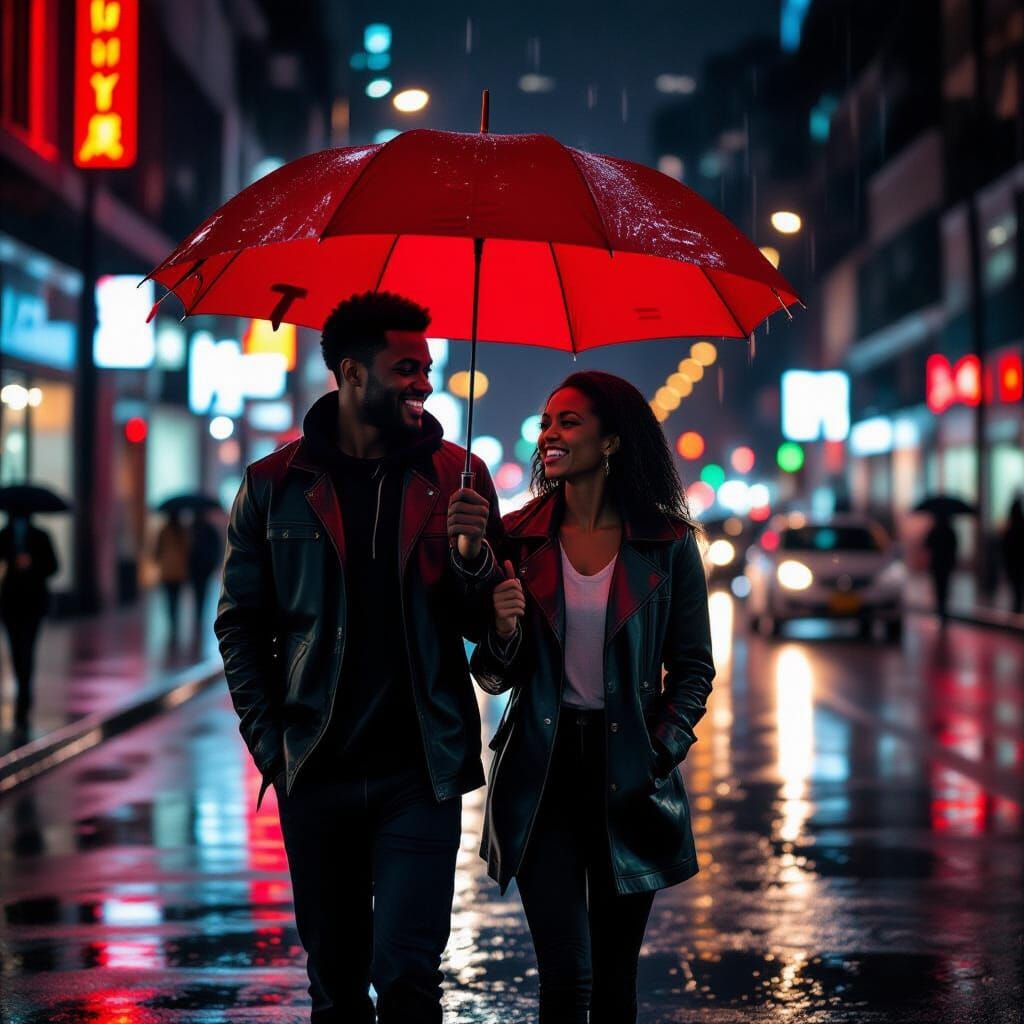 Couple Shares Red Umbrella in Rainy City Night