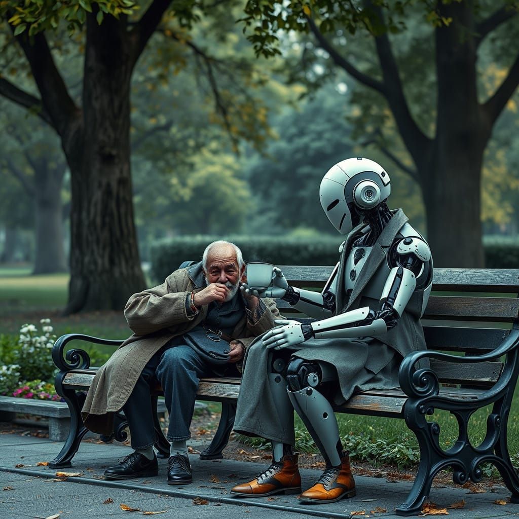 Old Man Sips Tea with Robot Companions in a Vibrant Park Sce...