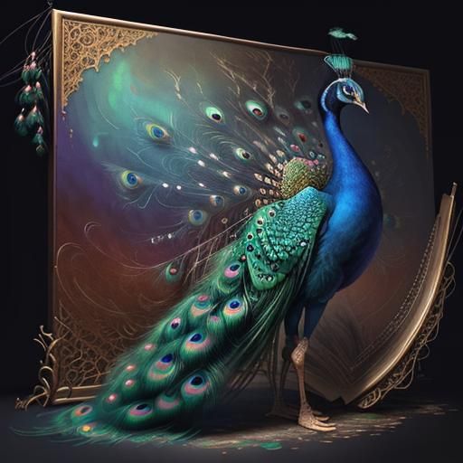 Detailed Peacock Fabric Painting in Deep Color