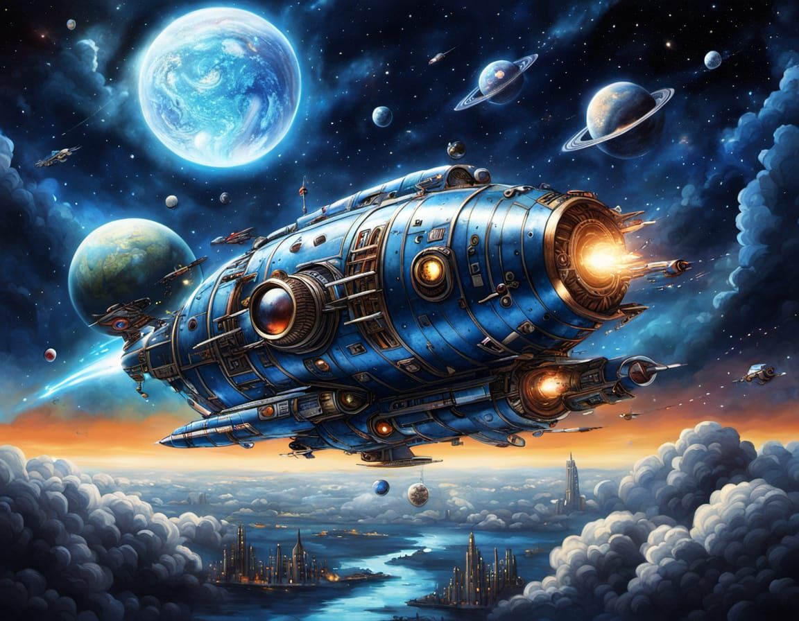 Steampunk Rocket Launching into Space in Ink Art