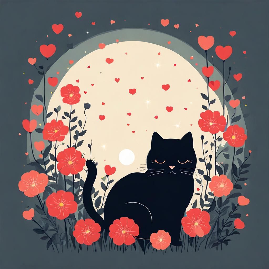 Cat Surrounded by Flowers in Vector Art Style