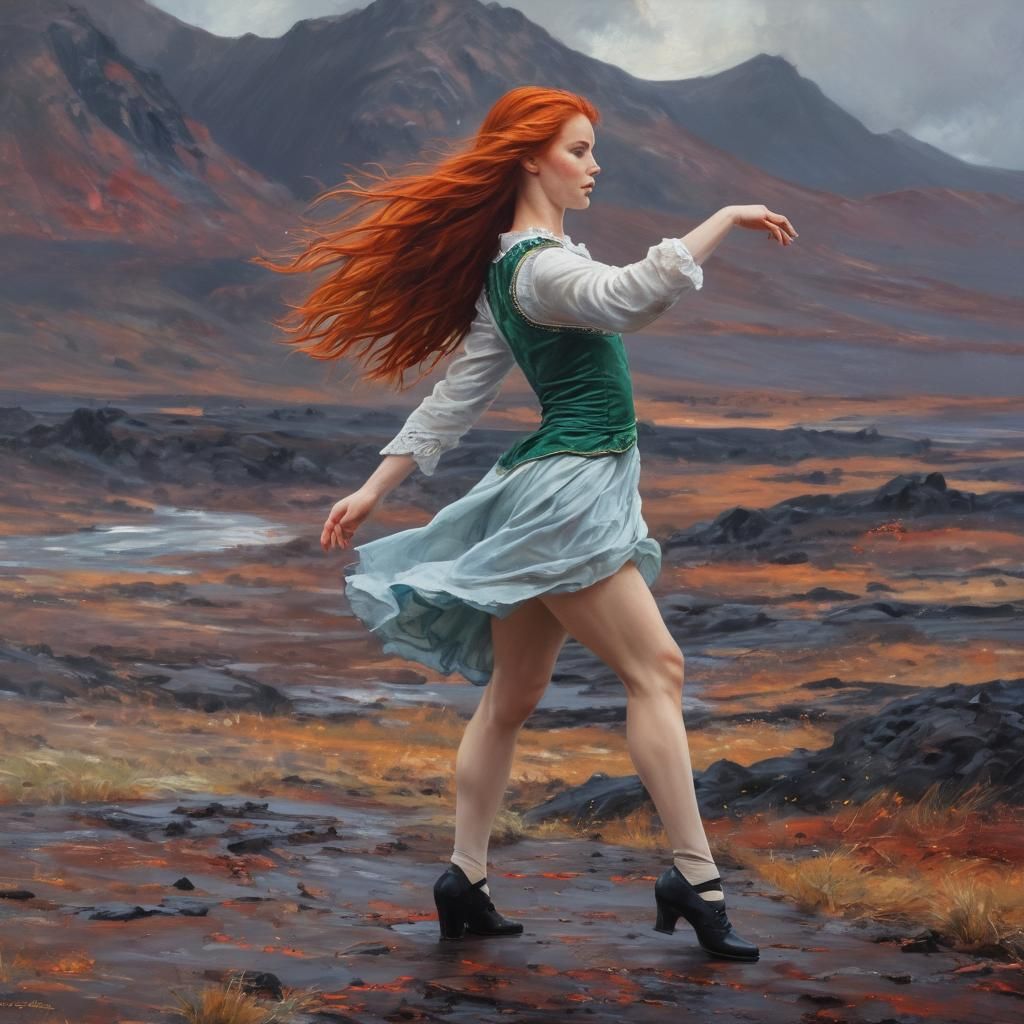 Ethereal Irish Dancer in Icelandic Volcanic Landscape