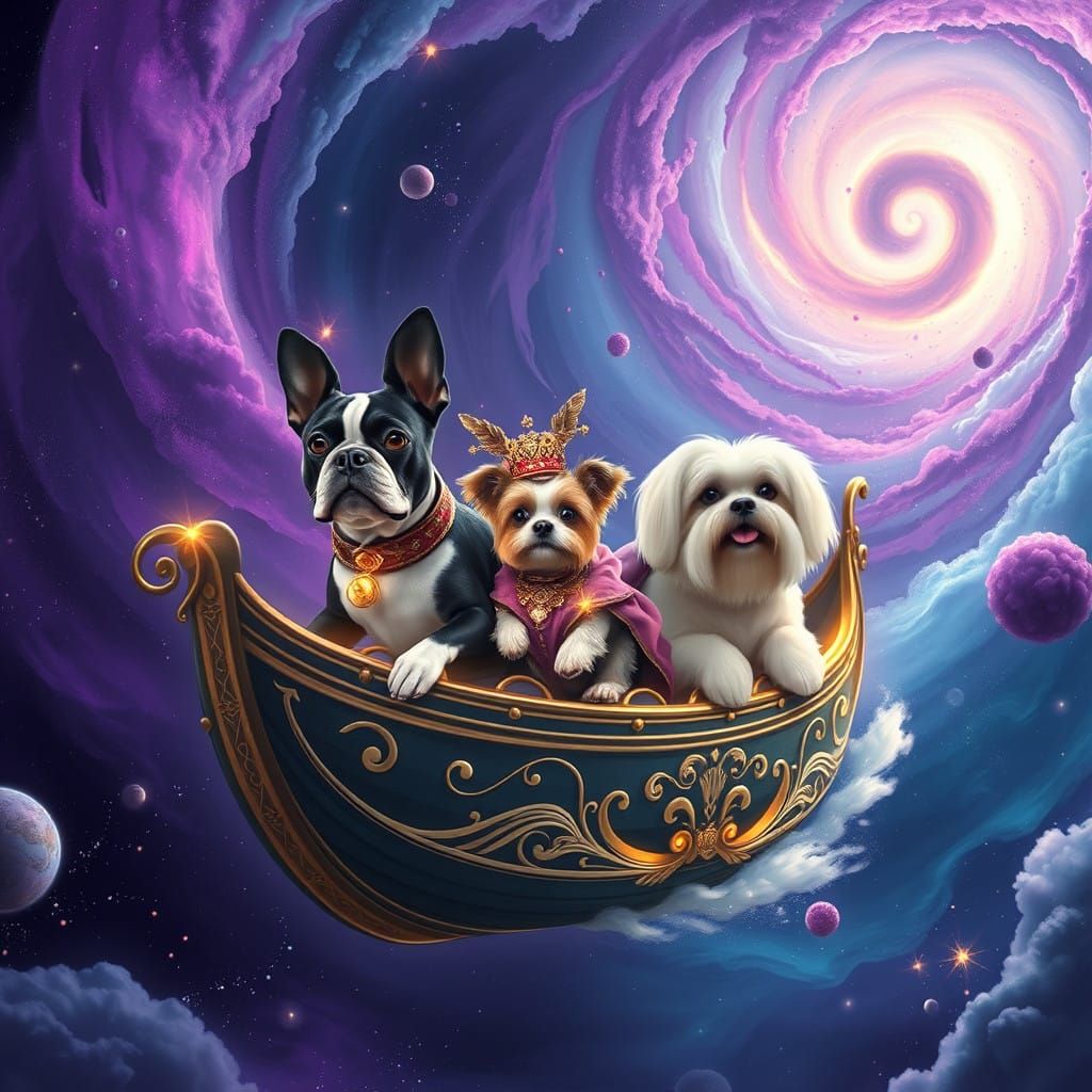 Fantasy Dogs Sail Through Celestial Vortex in Dreamlike Whim...