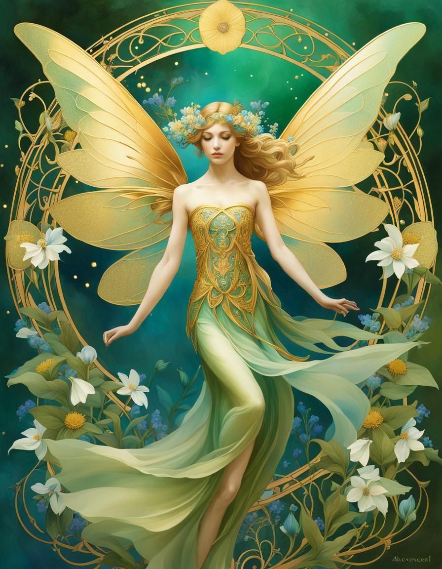 Ethereal Fairy with Gold Wings, Art Nouveau Style
