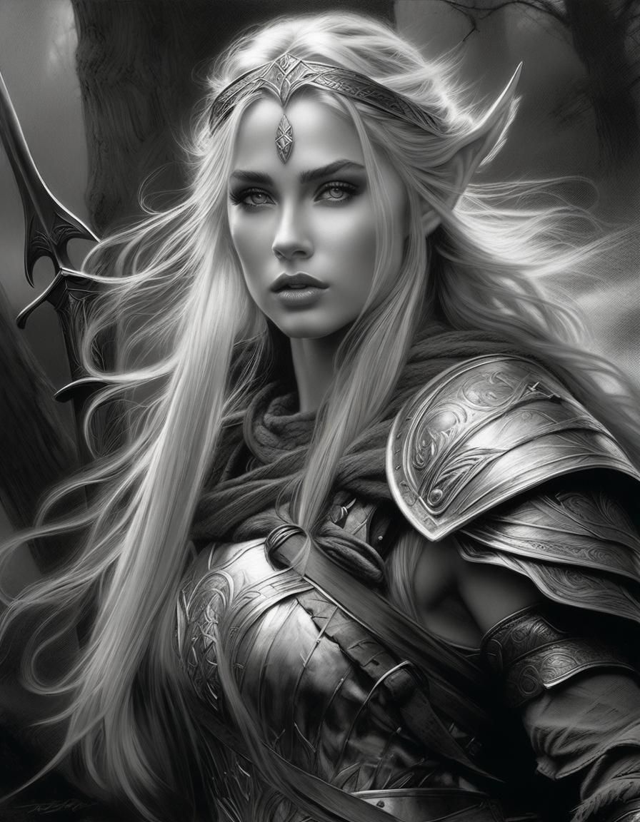 Grayscale Portrait of a Female Elven Warrior