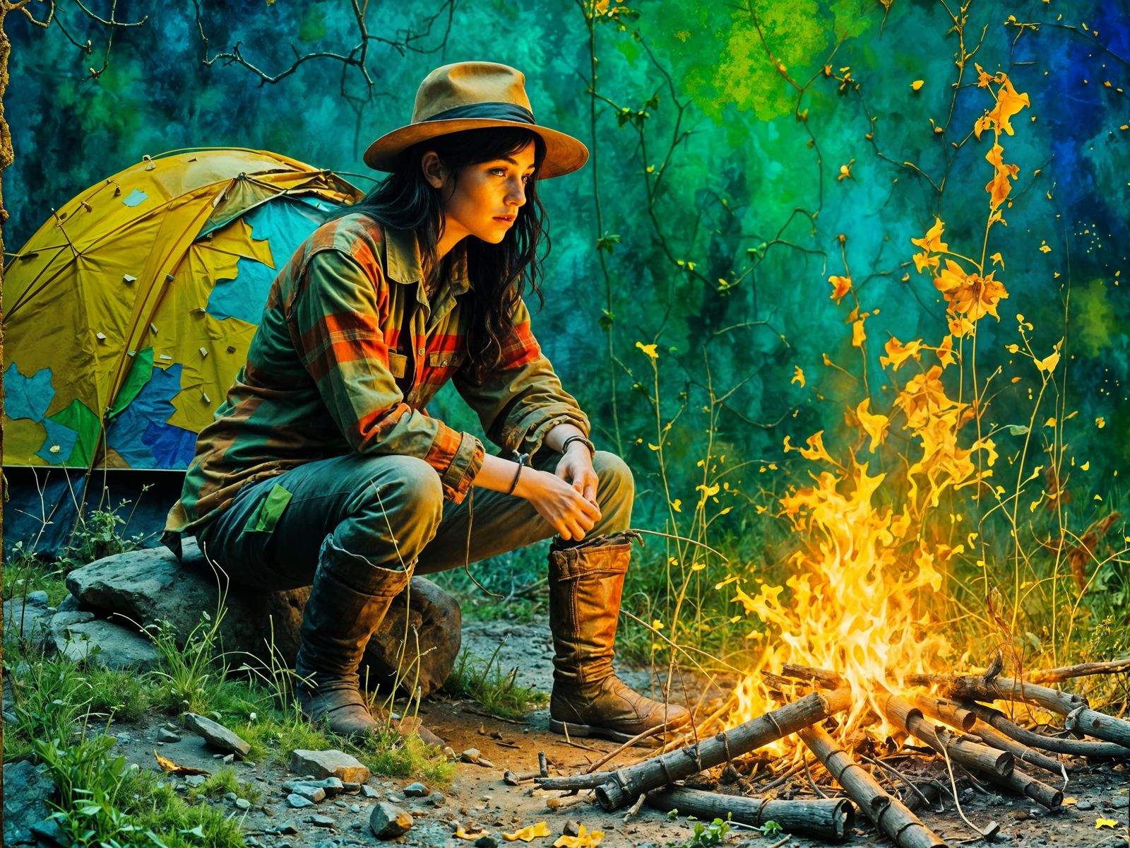 Rustic Campsite Scene as Impasto Oil Painting