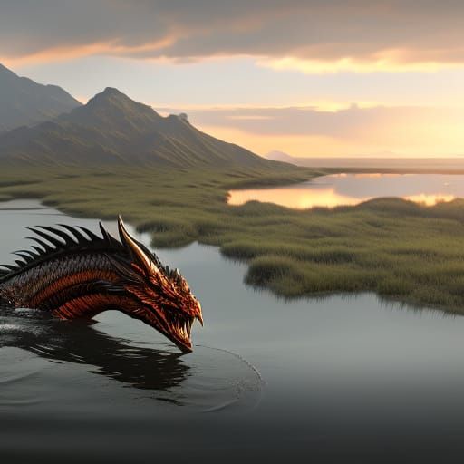 Dragon Breaths Fire onto Marshland Lake: Dark Fantasy Art