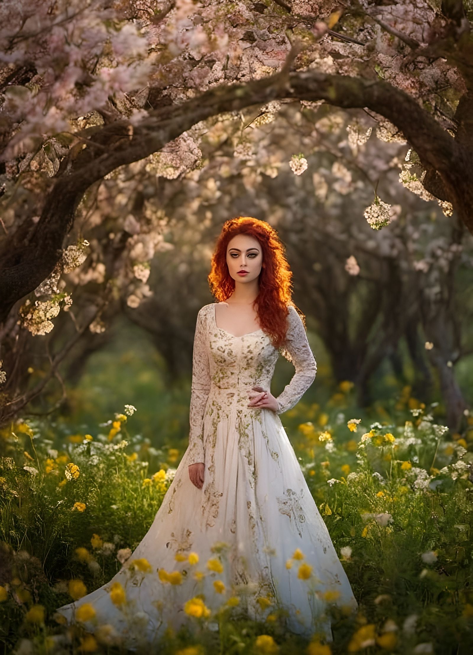 Fantasy Medieval Dress Amidst Blooming Flowers