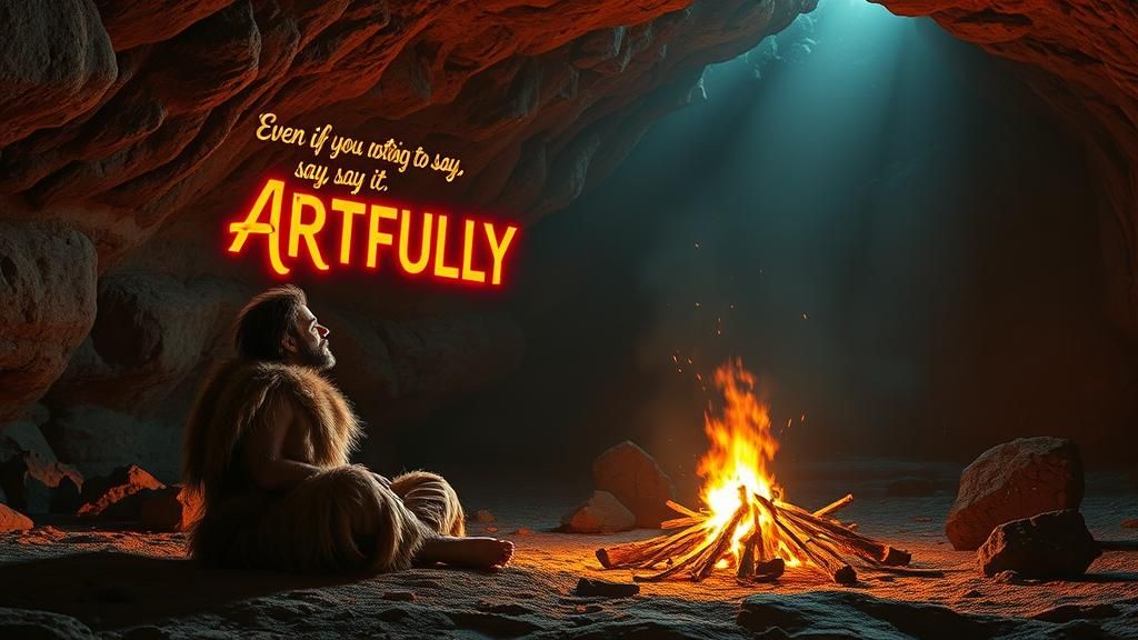 Caveman and Glowing Sign: Surreal Dreamscape