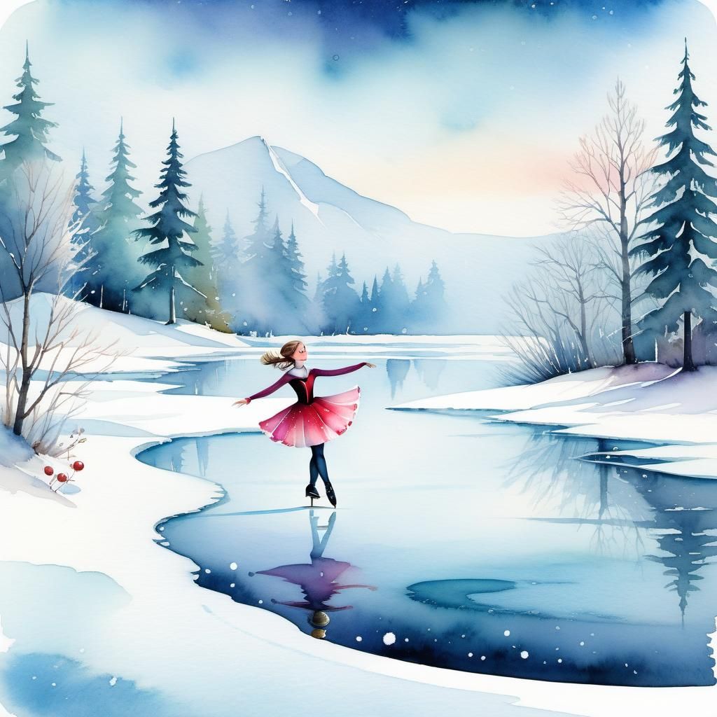 Figure Skater on Frozen Lake: Watercolor Illustration