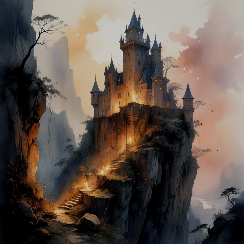 Medieval Castle Precariously Perched on a Cliff at Dusk