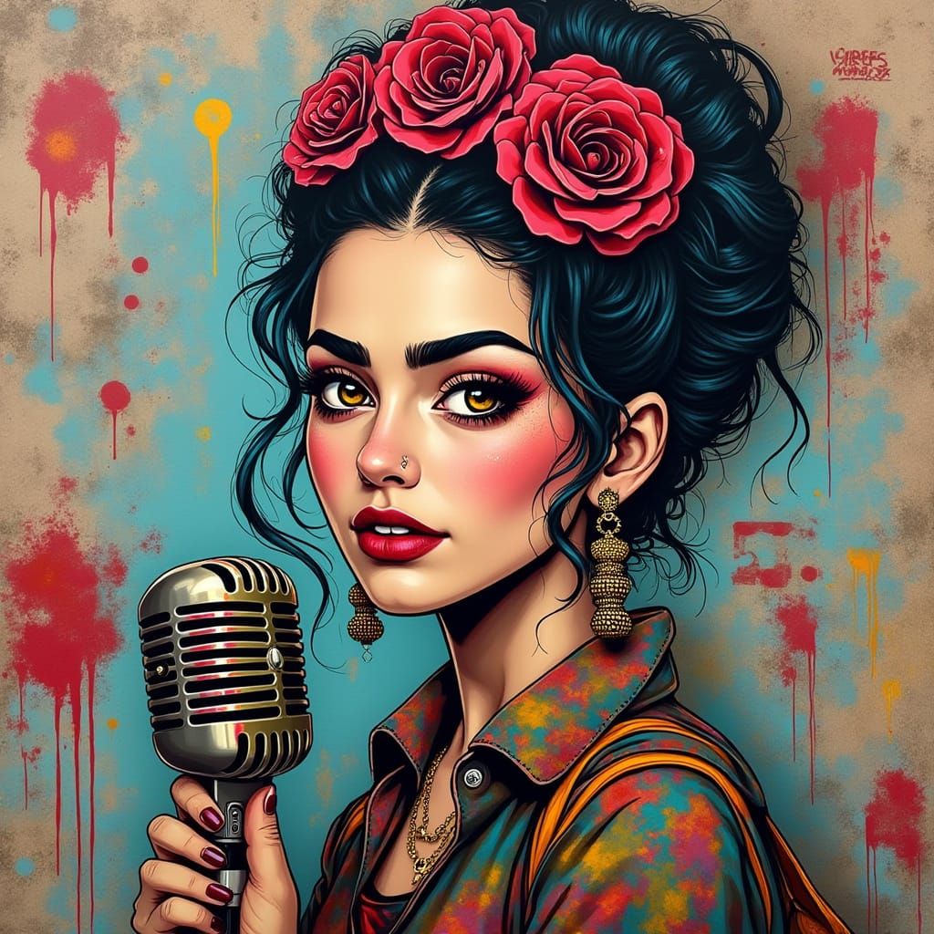 Passionate Woman with Microphone Amidst Urban Graffiti