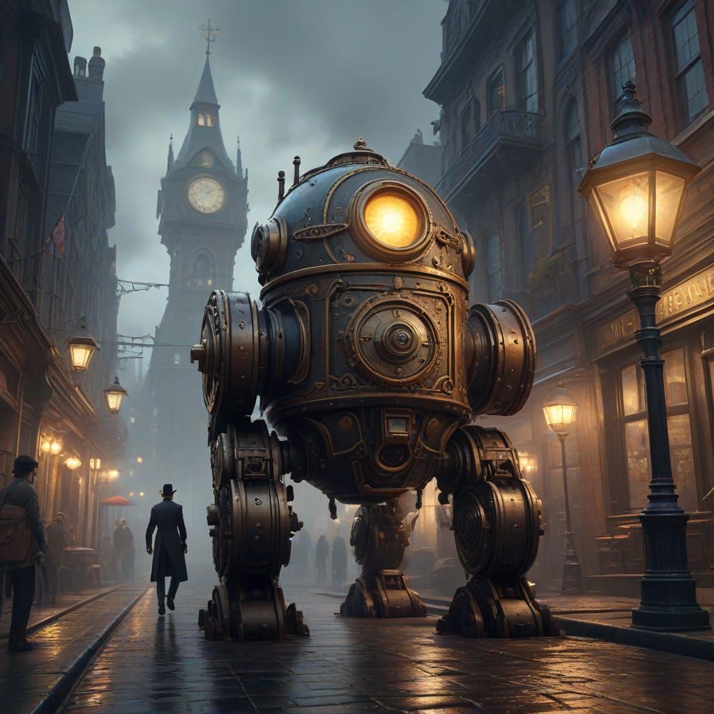 Steampunk Android in Victorian City Concept Art