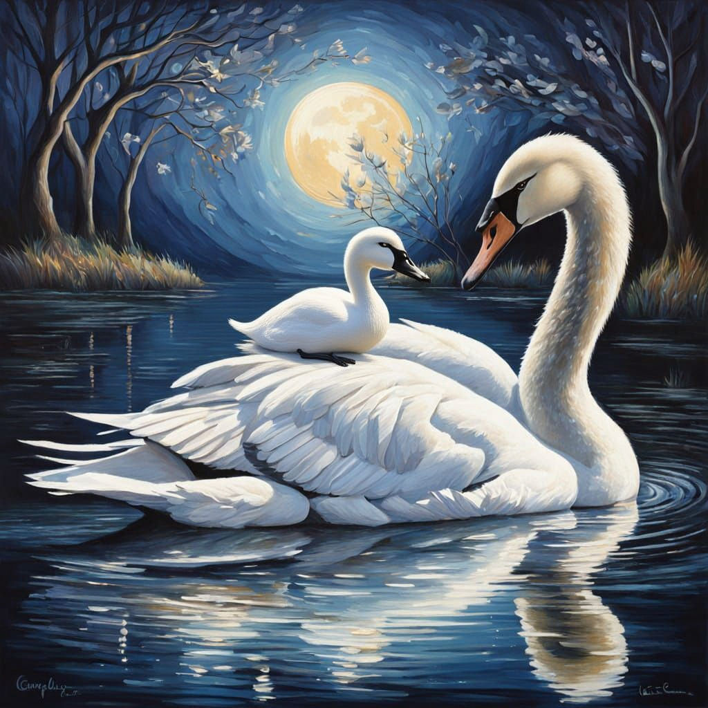Moonlit Lake with Cygnet on Swan, Oil Painting