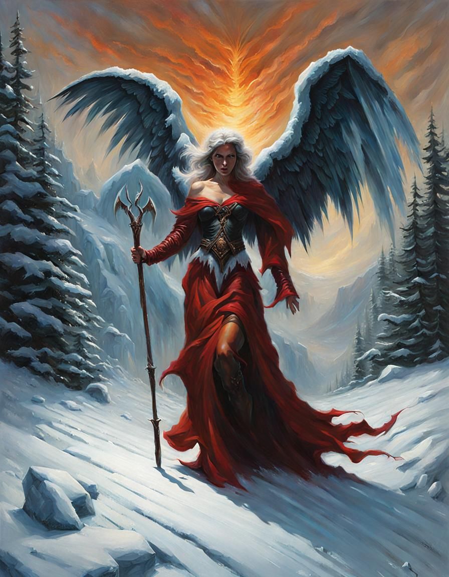Demonic Angel Emerges from Frozen Wasteland