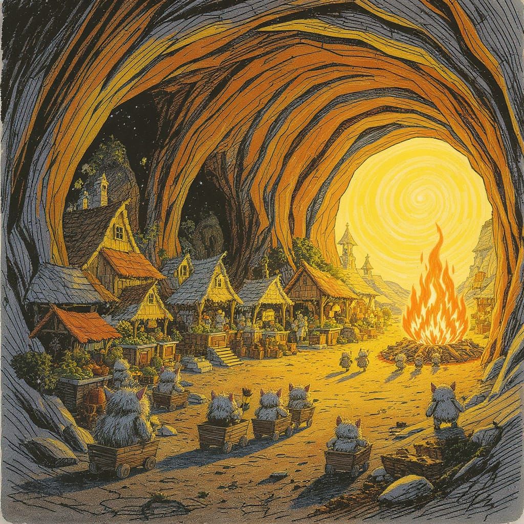 Charming Underground Goblin Town Crayon Illustration