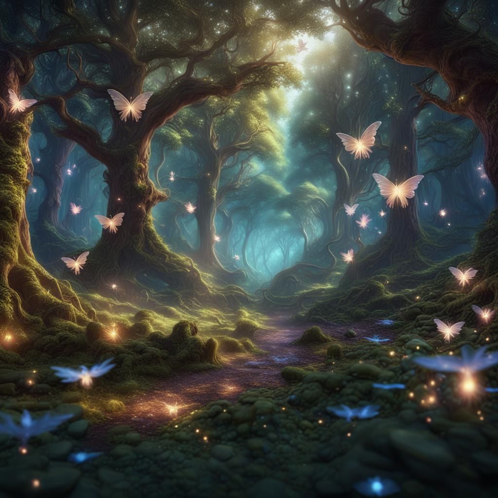 A magical forest with fairies and sparkles in the air.