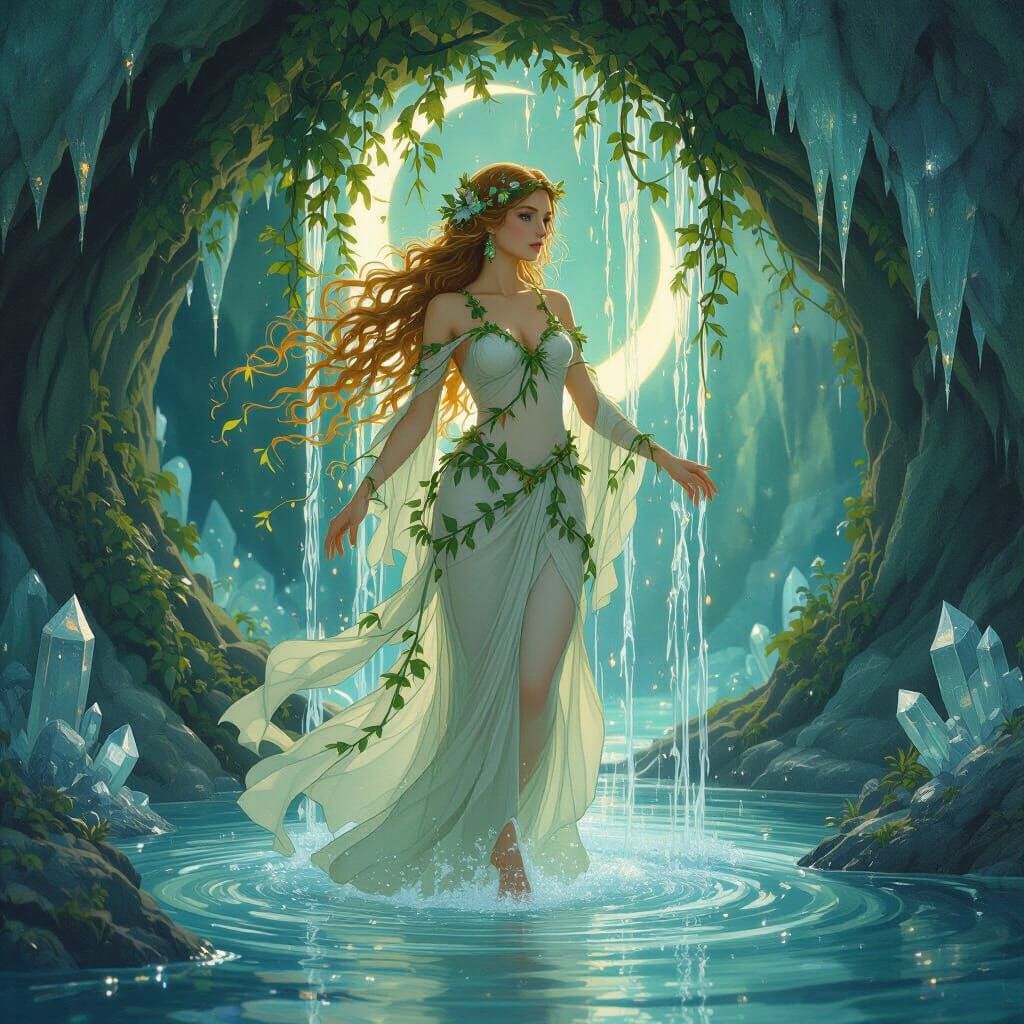 Dryad Emerges in Bioluminescent Crystal Cave