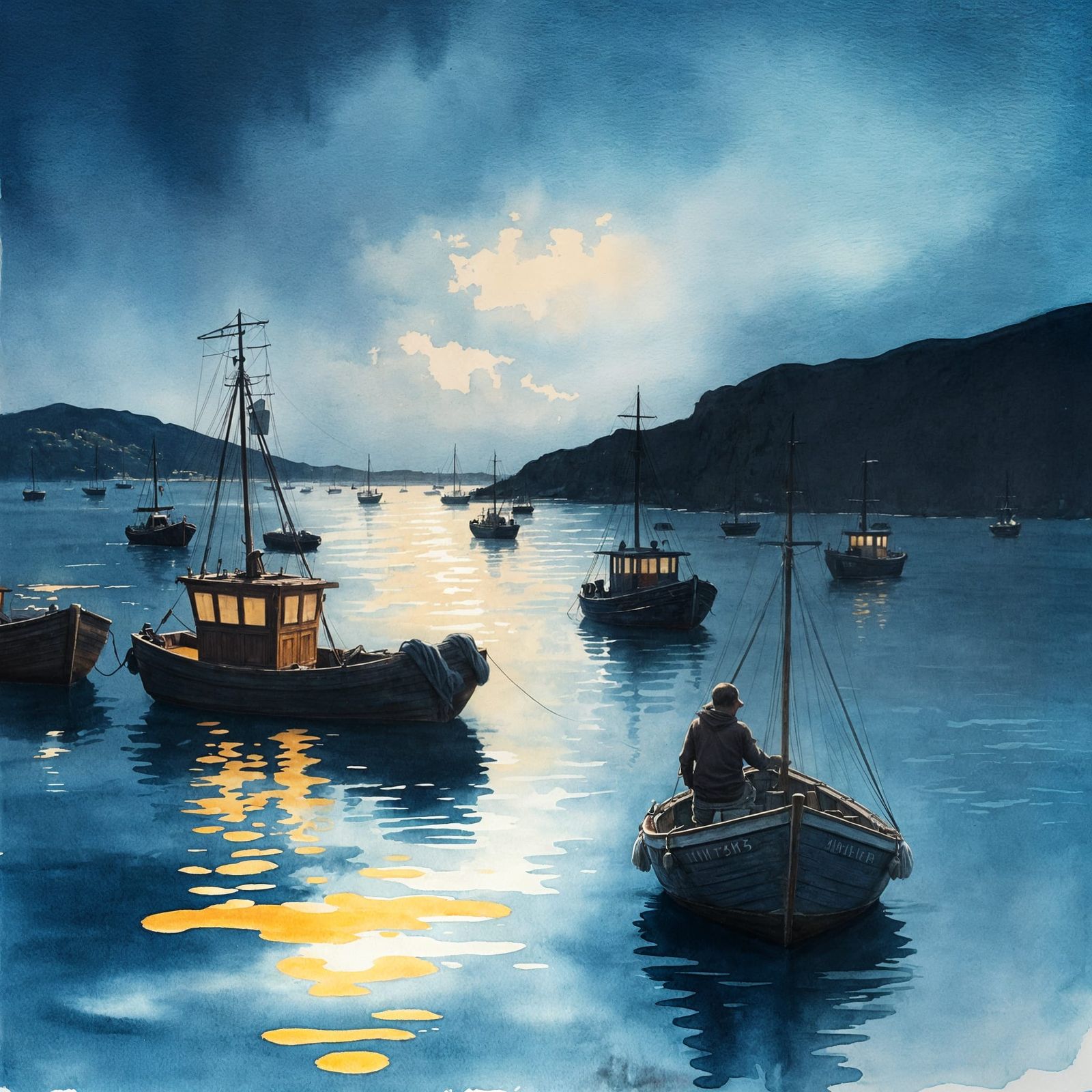 Harbor Lights at Night: A Moody Watercolour Painting