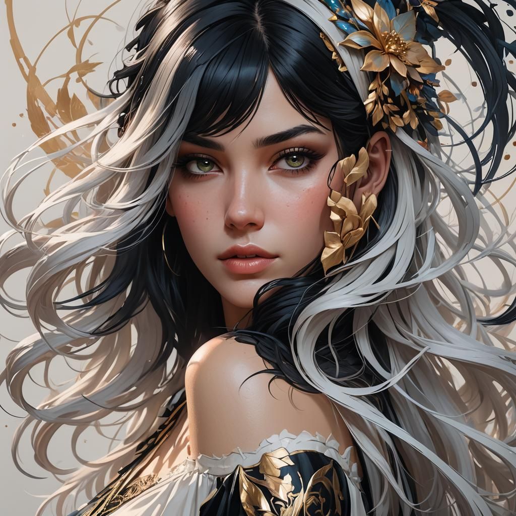 Portrait of Girl with Black Hair in Art Nouveau Style