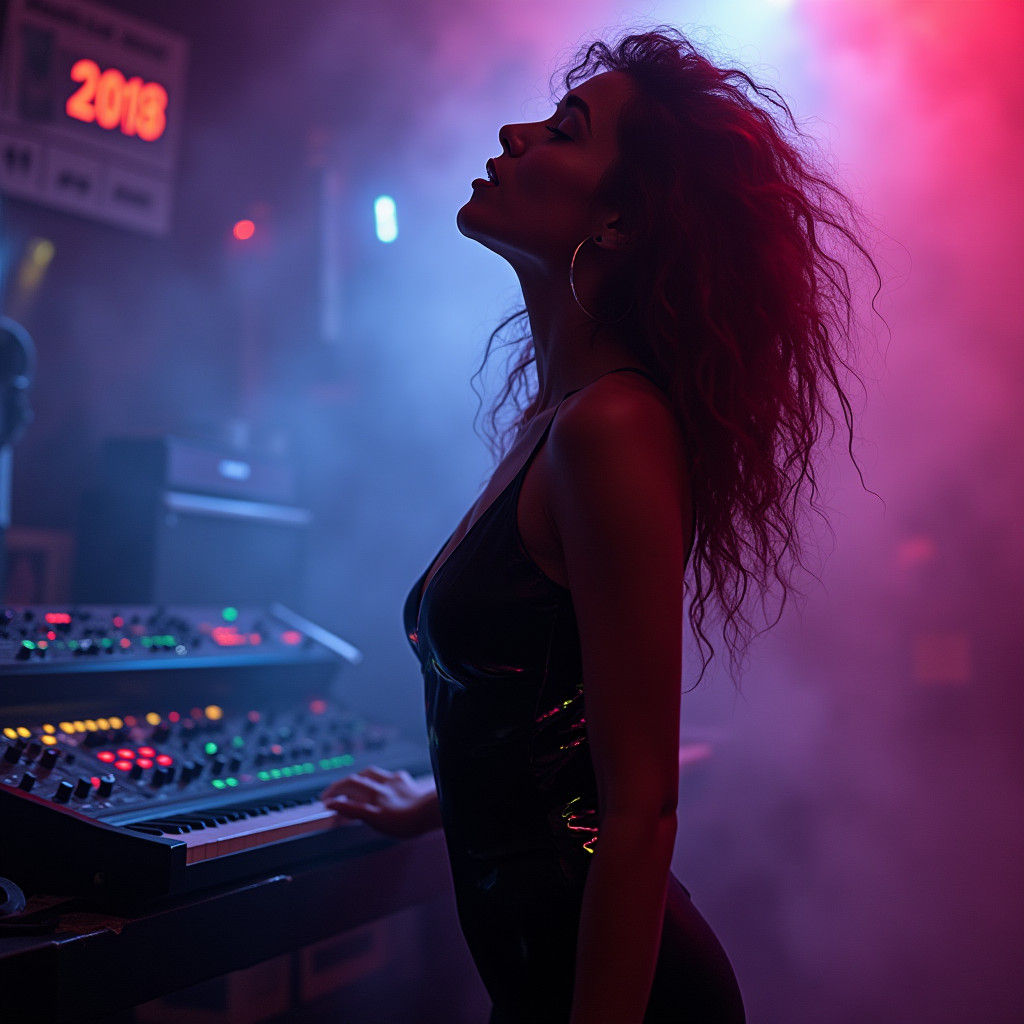 Woman Singing in Neon-Lit Cyberpunk Club