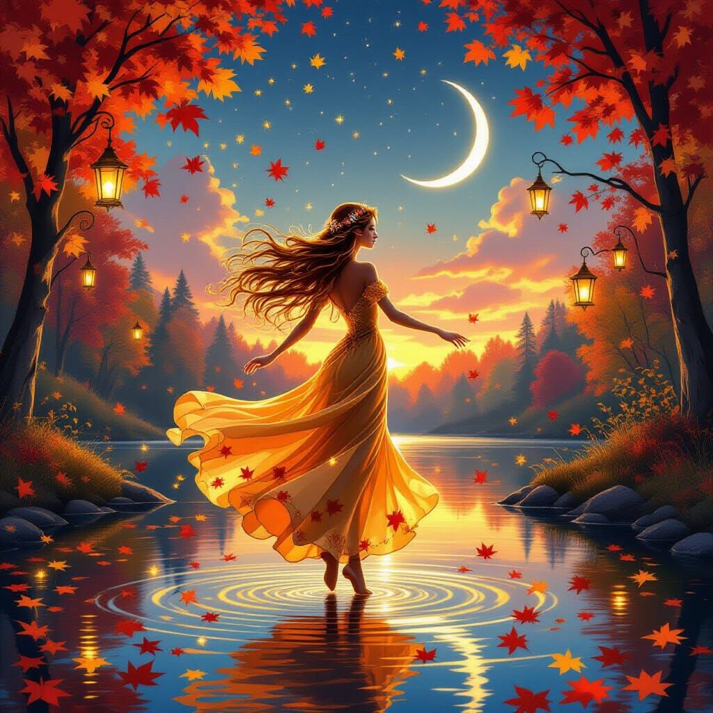 Autumn Fairy Dancing Above Forest Lake at Twilight