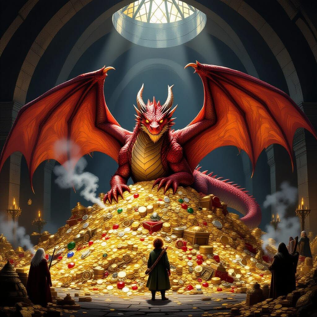 Smaug and Bilbo in the Dragon's Treasure Hoard