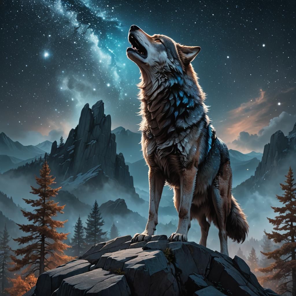 Icy Blue Wolf Howling at Starry Night