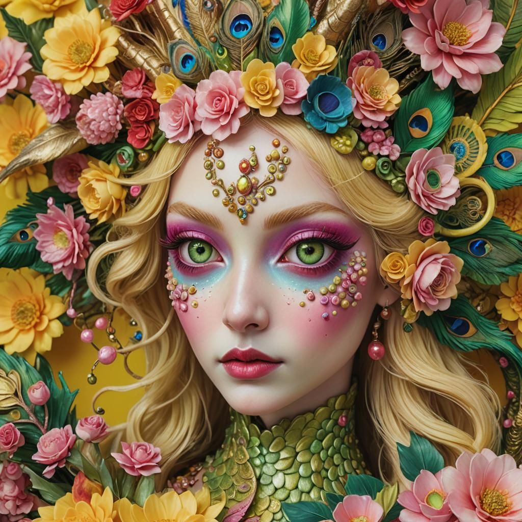 Dragon-Peacock Woman in Whimsical Candy Art Style